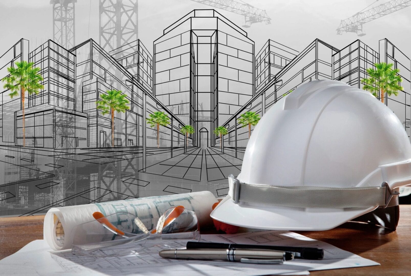 A construction drawing and helmet on top of table.